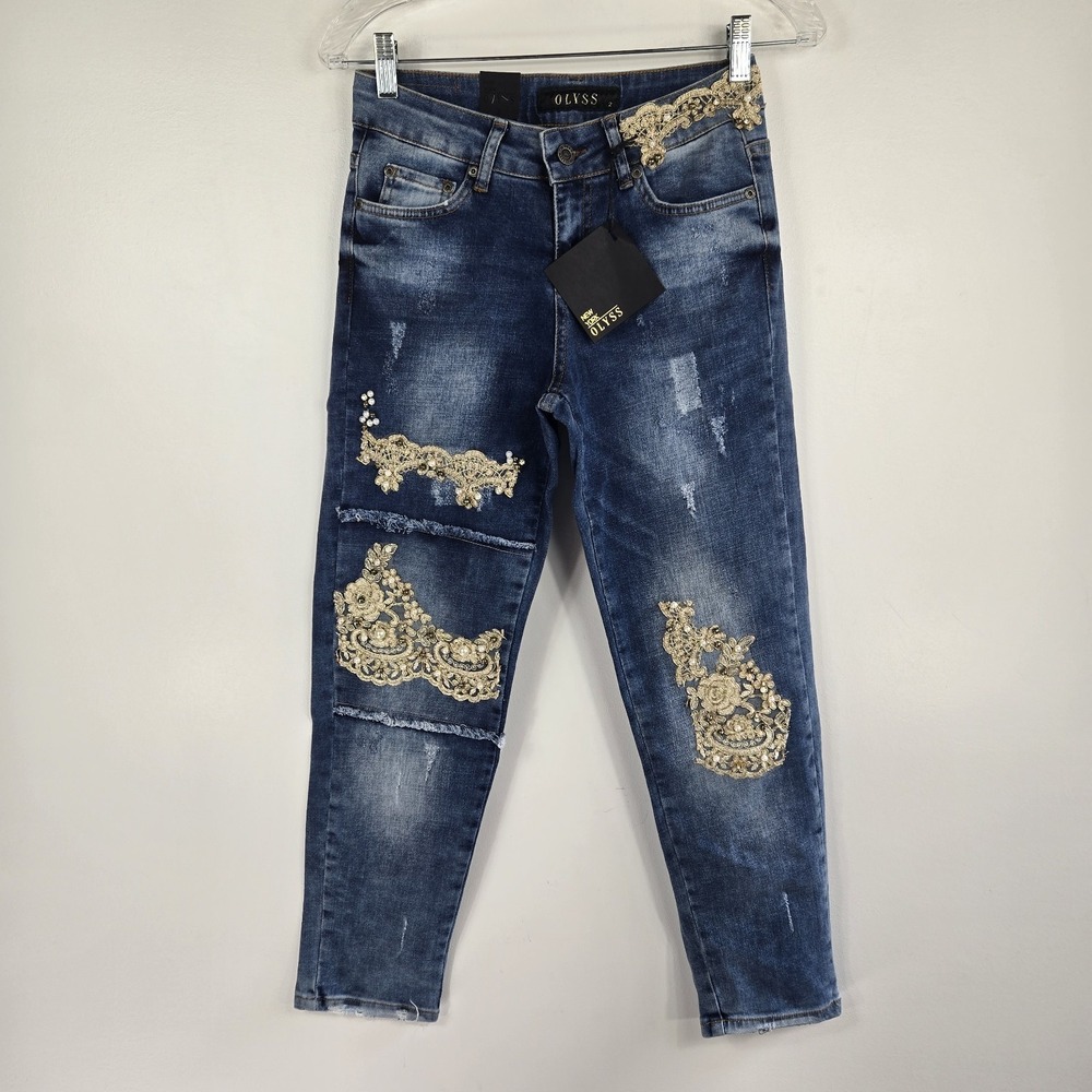 Olyss New York Womens 2 Distressed Embellished Lace Beads Jeans New‎